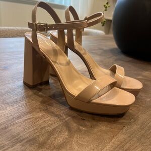 Elegant Nude Block Heel Sandals, glossy